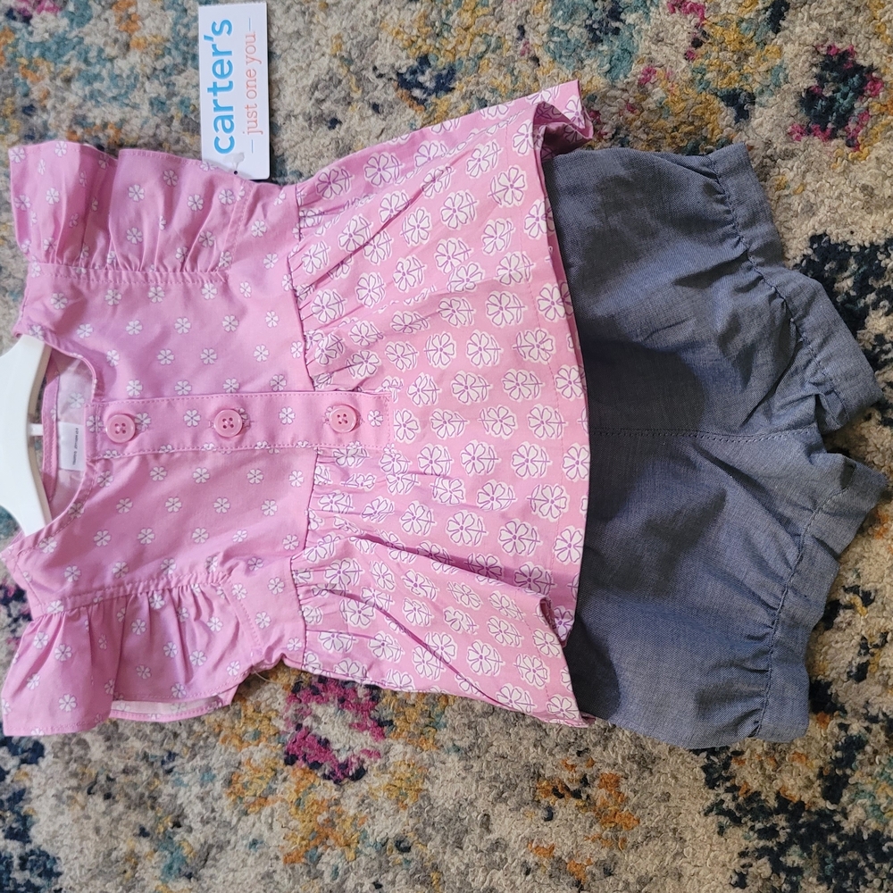 Carter's Pink Floral Blouse and Gray Shorts Set